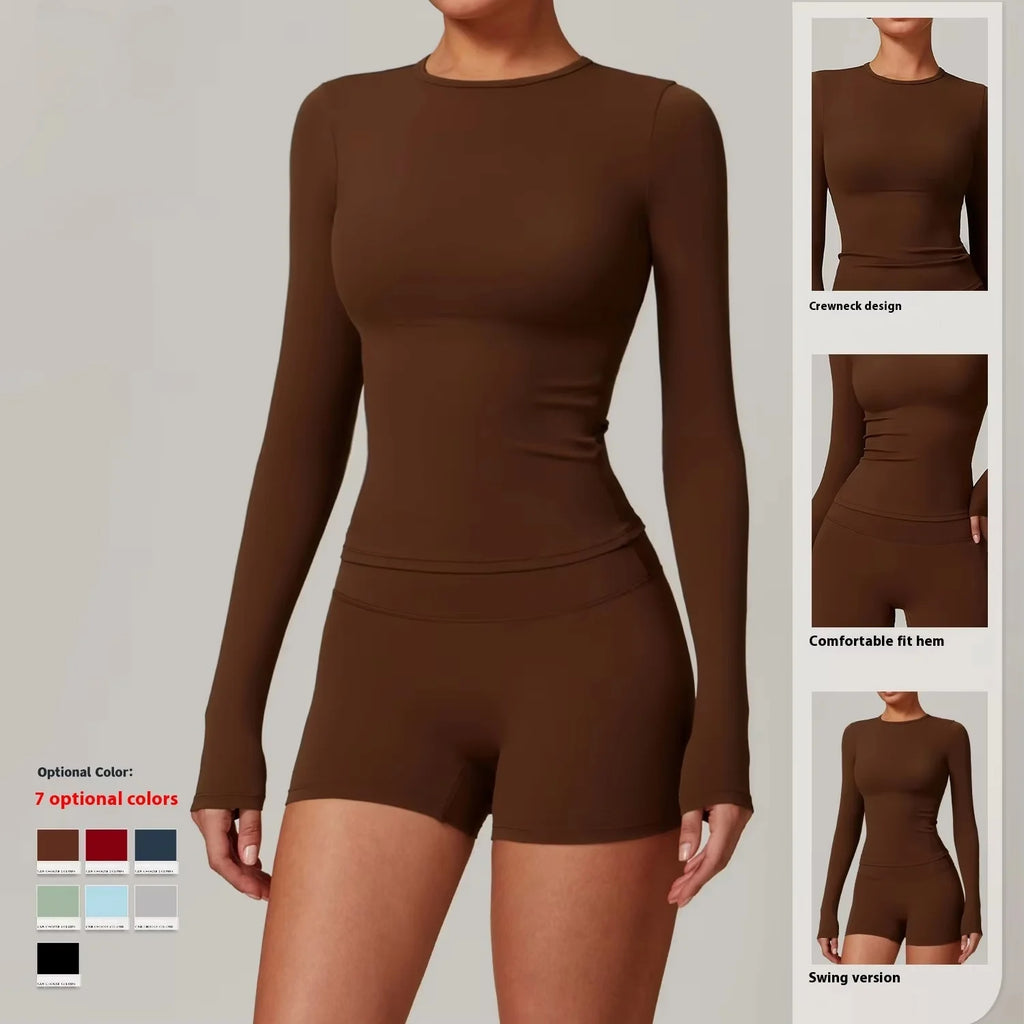 2057 Women's Seamless Nylon Spandex Bodysuit Long Sleeve Slim Fit Yoga Jumpsuit Athletic Stretch Gym Tank Top Shorts Essential