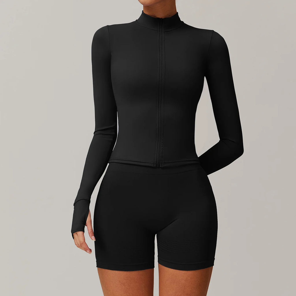 Custom Logo Hot Sale Gym Full Zip up Thumb Hole Jacket Butt Scrunch Yoga Gym Outfits 2 Piece Set Slim Fit Tracksuit