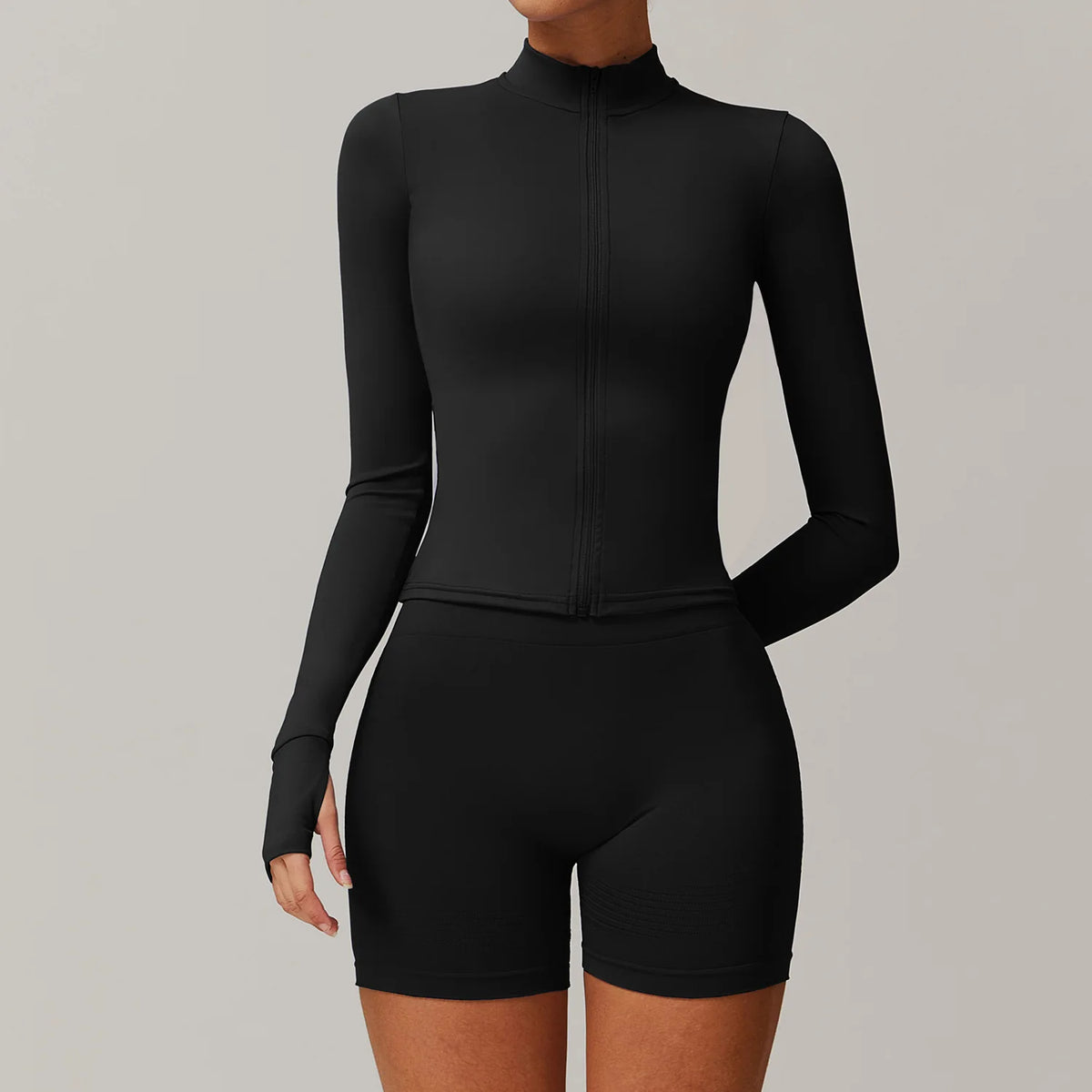 Custom Logo Hot Sale Gym Full Zip up Thumb Hole Jacket Butt Scrunch Yoga Gym Outfits 2 Piece Set Slim Fit Tracksuit