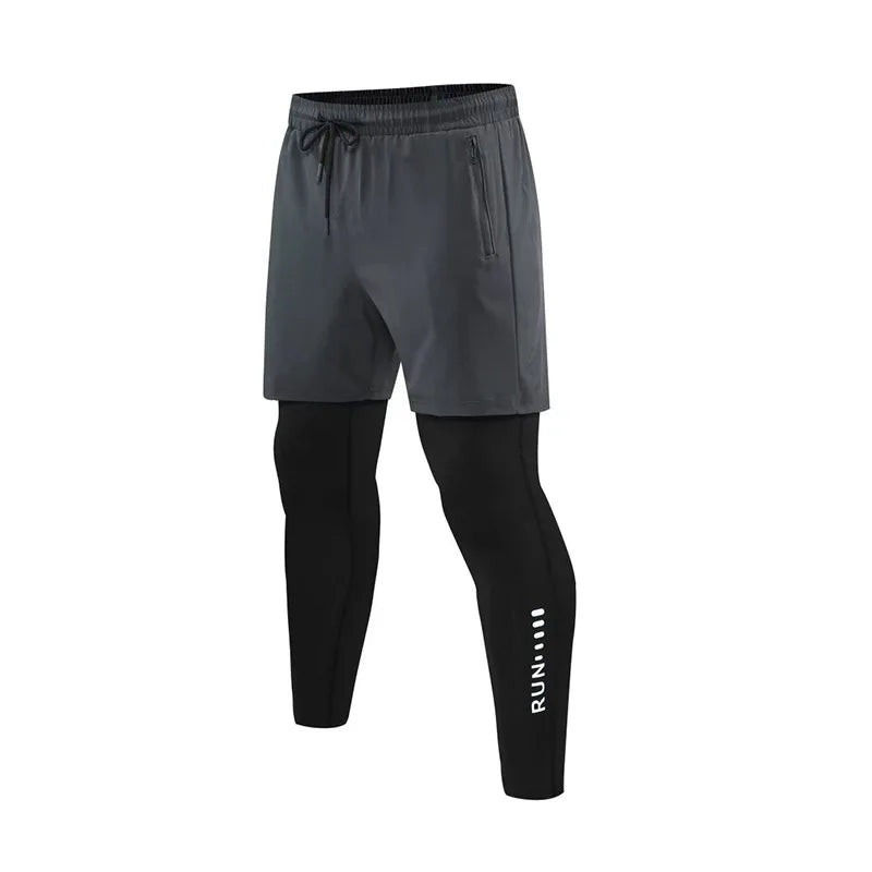 Men's Double Layers 2 in 1 Running Pants Compression Athletic Pants Baselayer Workout Legging With Zipper Pockets