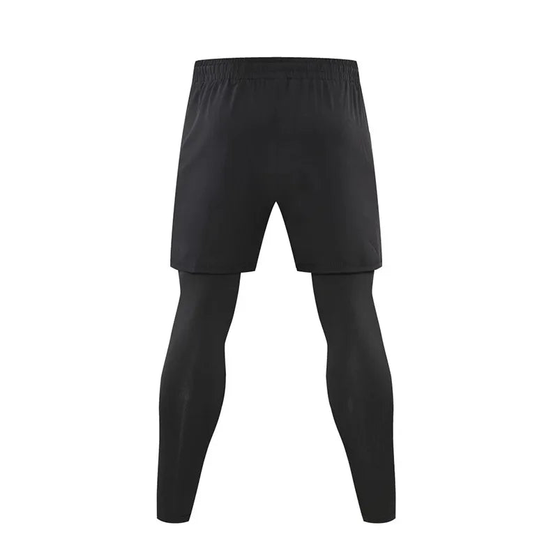Men's Double Layers 2 in 1 Running Pants Compression Athletic Pants Baselayer Workout Legging With Zipper Pockets