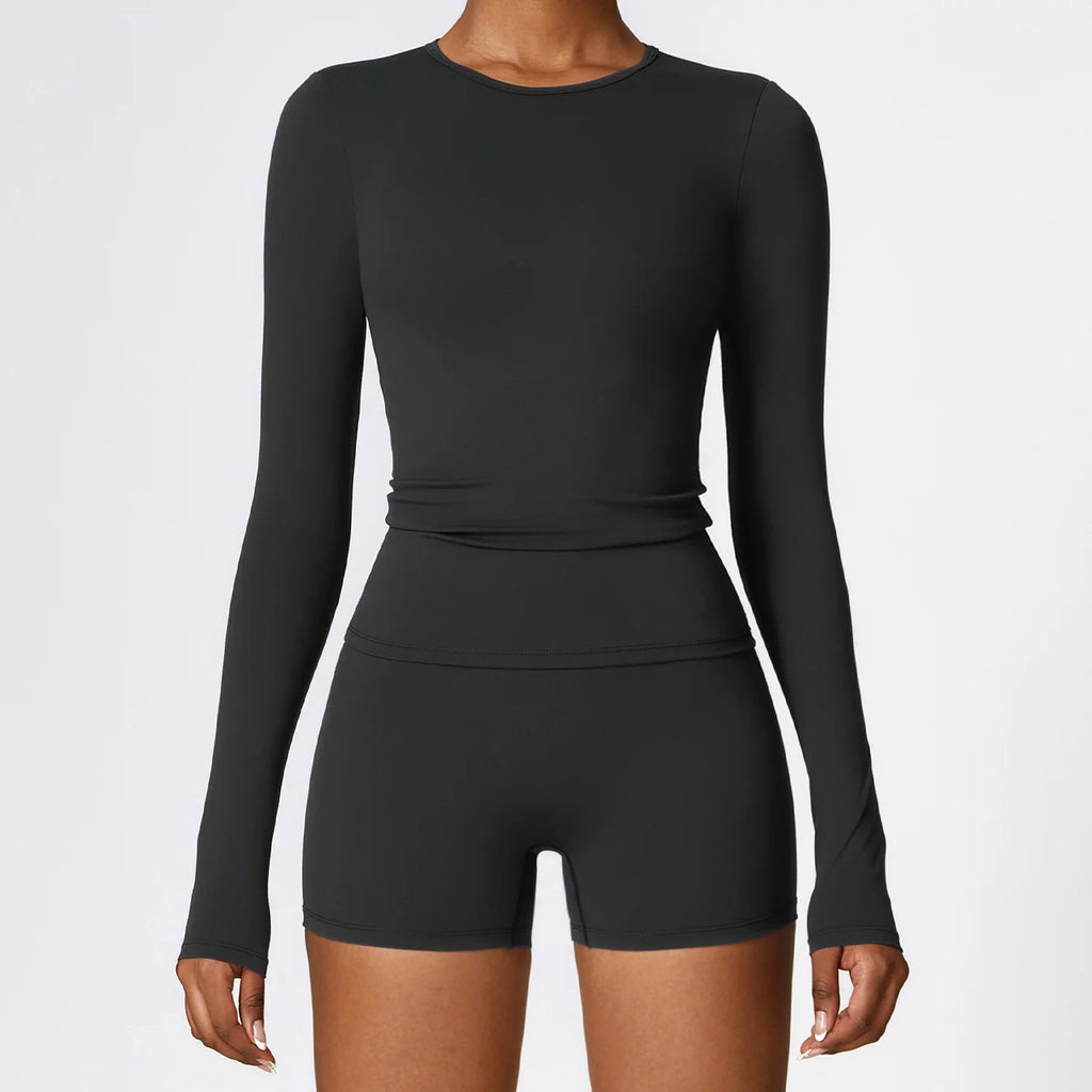 2057 Women's Seamless Nylon Spandex Bodysuit Long Sleeve Slim Fit Yoga Jumpsuit Athletic Stretch Gym Tank Top Shorts Essential