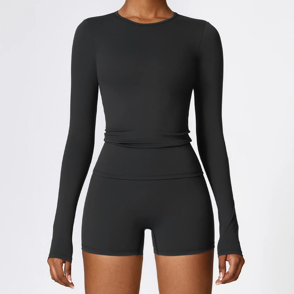 2057 Women's Seamless Nylon Spandex Bodysuit Long Sleeve Slim Fit Yoga Jumpsuit Athletic Stretch Gym Tank Top Shorts Essential