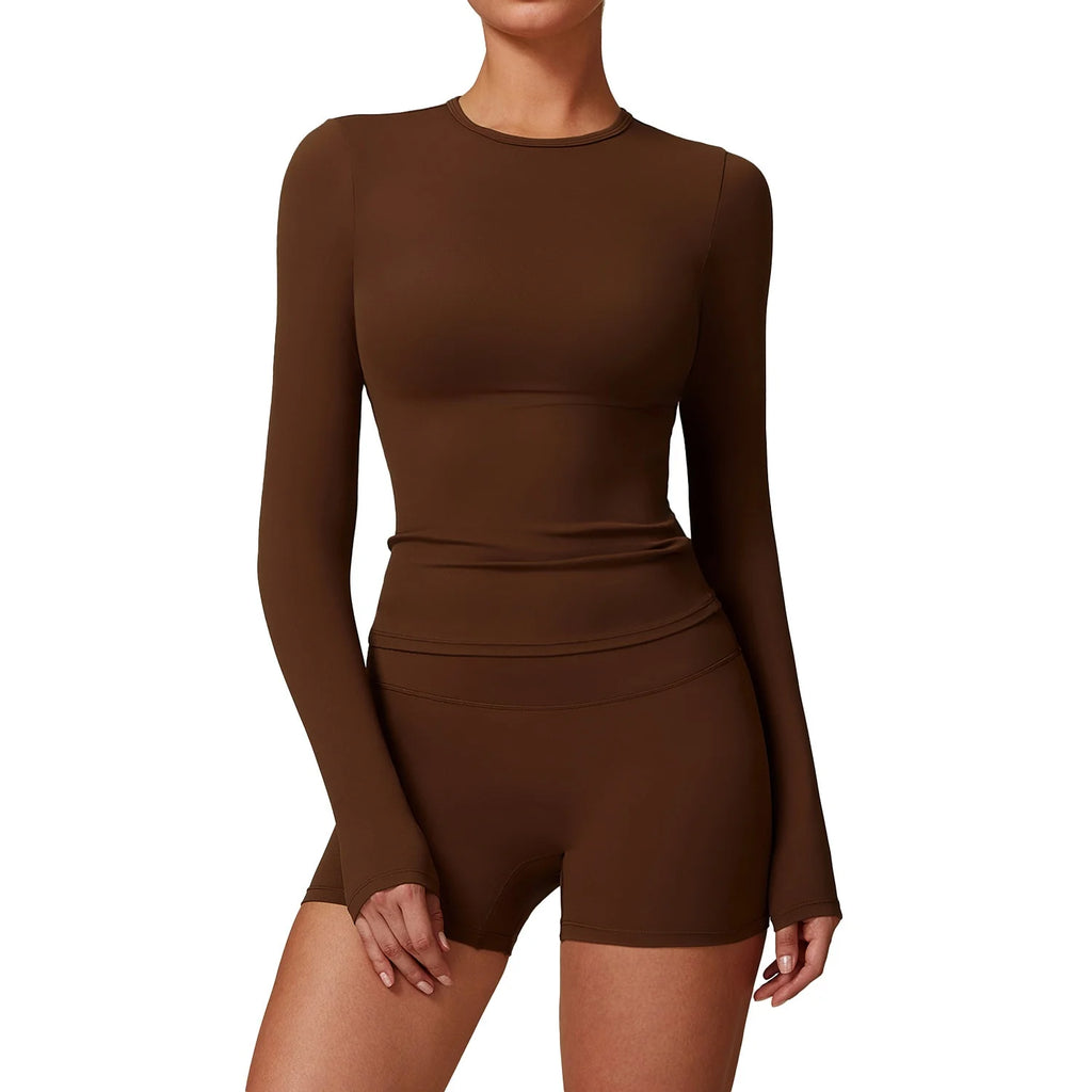 2057 Women's Seamless Nylon Spandex Bodysuit Long Sleeve Slim Fit Yoga Jumpsuit Athletic Stretch Gym Tank Top Shorts Essential