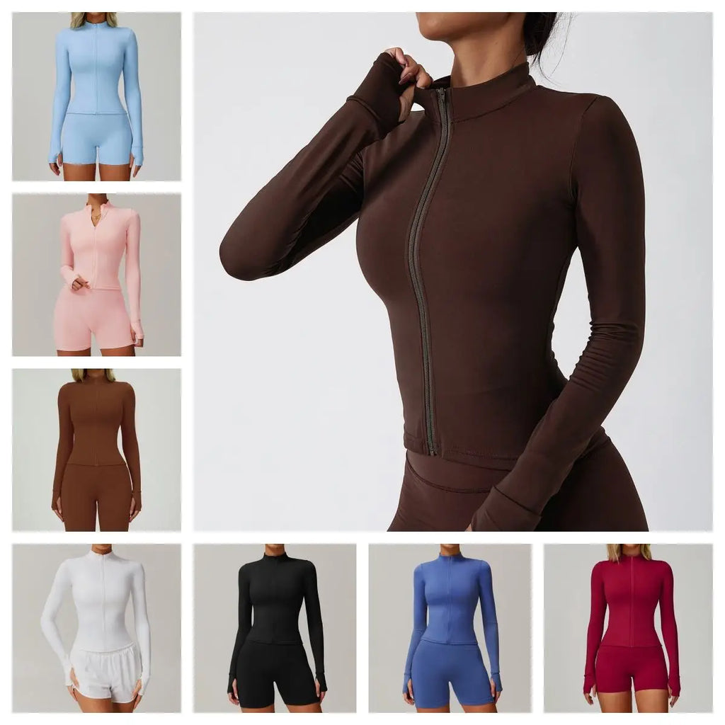 Joyyoung 2025 Women's Fitness Jacket Gym Yoga Sky Blue Quick Dry Breathable Zippers Athletic Solid Front Logo Sportswear