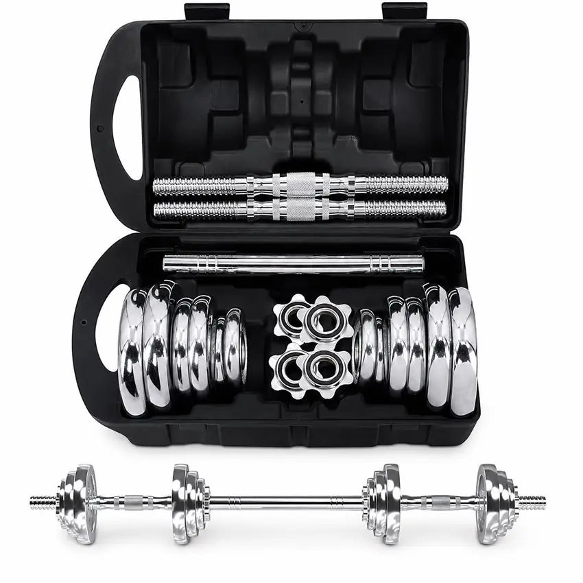 Factory Custom Electroplate Chrome Adjustable Dumbbell Barbell Combo Set Convertible Lightweights with Carry Box for Fitness