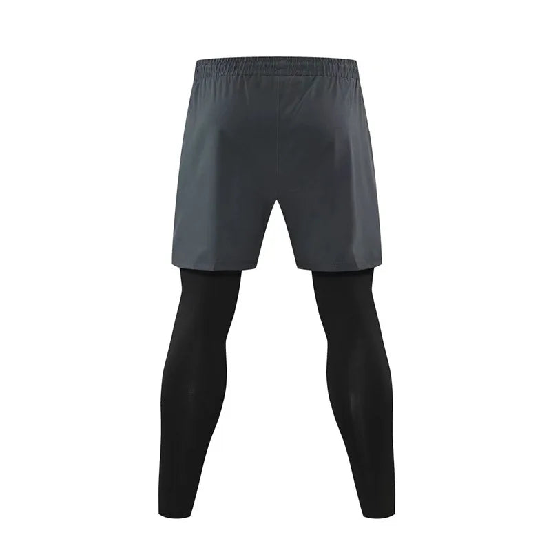 Men's Double Layers 2 in 1 Running Pants Compression Athletic Pants Baselayer Workout Legging With Zipper Pockets