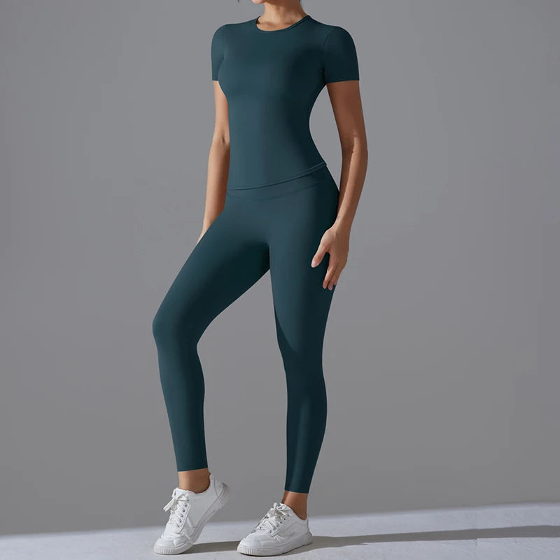 YIYI Women's Workout 2 Piece Sets Lounge Outfits Slim Short Sleeve Crop Tops High Waist Butt Lift Leggings Sets Yoga Sweatsuit