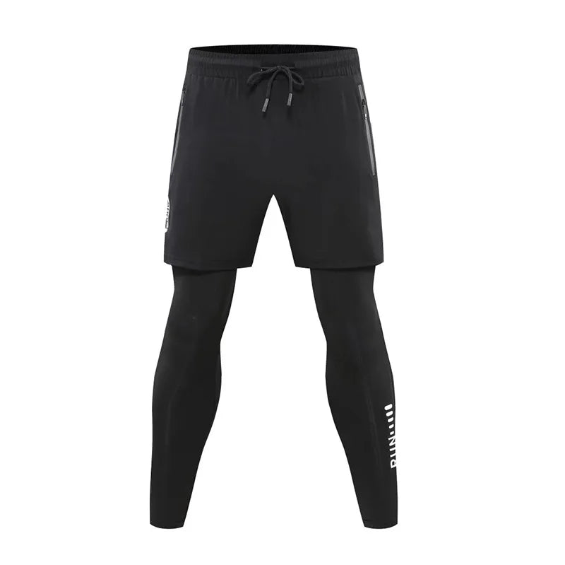 Men's Double Layers 2 in 1 Running Pants Compression Athletic Pants Baselayer Workout Legging With Zipper Pockets