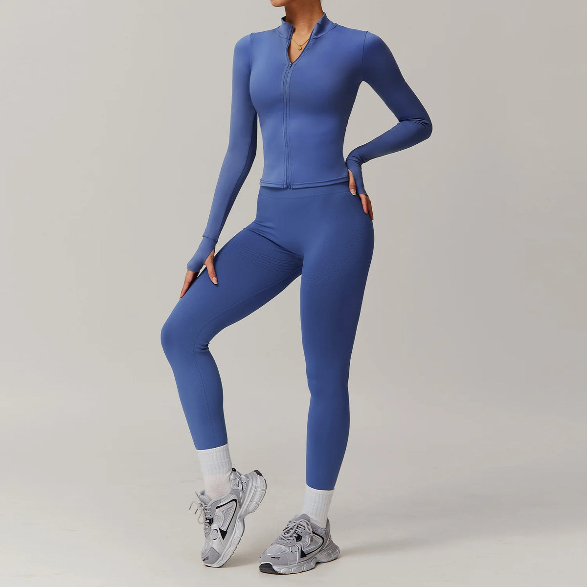 Custom Logo Hot Sale Gym Full Zip up Thumb Hole Jacket Butt Scrunch Yoga Gym Outfits 2 Piece Set Slim Fit Tracksuit