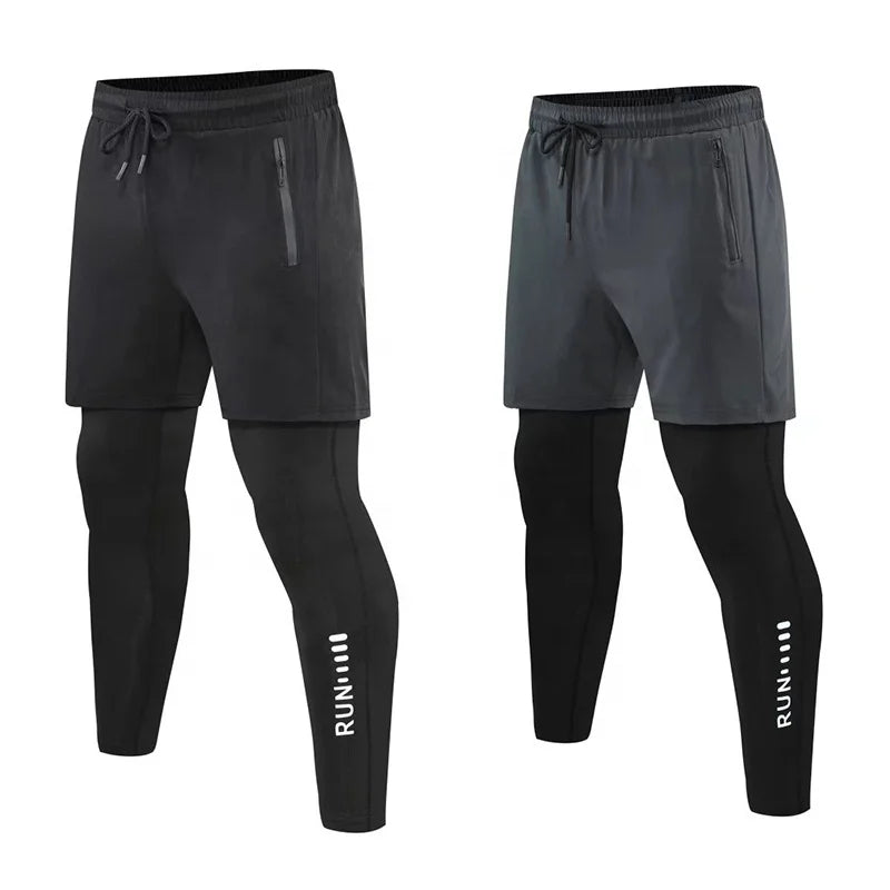 Men's Double Layers 2 in 1 Running Pants Compression Athletic Pants Baselayer Workout Legging With Zipper Pockets