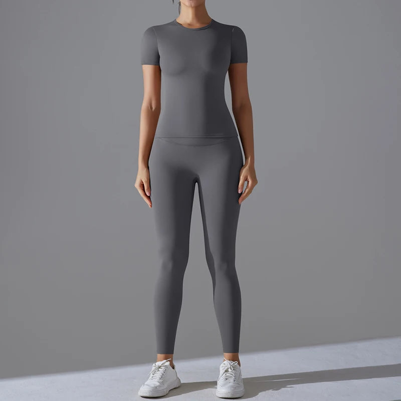 YIYI Women's Workout 2 Piece Sets Lounge Outfits Slim Short Sleeve Crop Tops High Waist Butt Lift Leggings Sets Yoga Sweatsuit