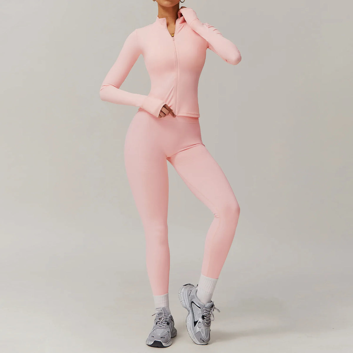 Custom Logo Hot Sale Gym Full Zip up Thumb Hole Jacket Butt Scrunch Yoga Gym Outfits 2 Piece Set Slim Fit Tracksuit
