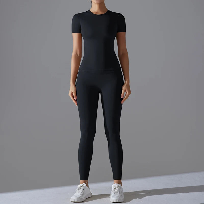 YIYI Women's Workout 2 Piece Sets Lounge Outfits Slim Short Sleeve Crop Tops High Waist Butt Lift Leggings Sets Yoga Sweatsuit