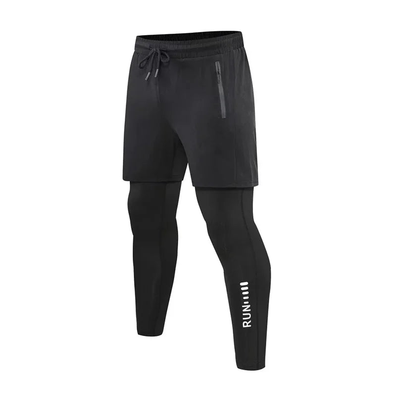 Men's Double Layers 2 in 1 Running Pants Compression Athletic Pants Baselayer Workout Legging With Zipper Pockets