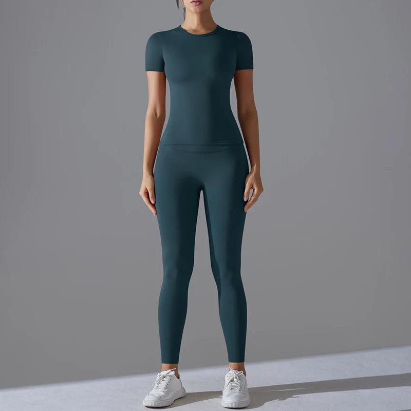 YIYI Women's Workout 2 Piece Sets Lounge Outfits Slim Short Sleeve Crop Tops High Waist Butt Lift Leggings Sets Yoga Sweatsuit