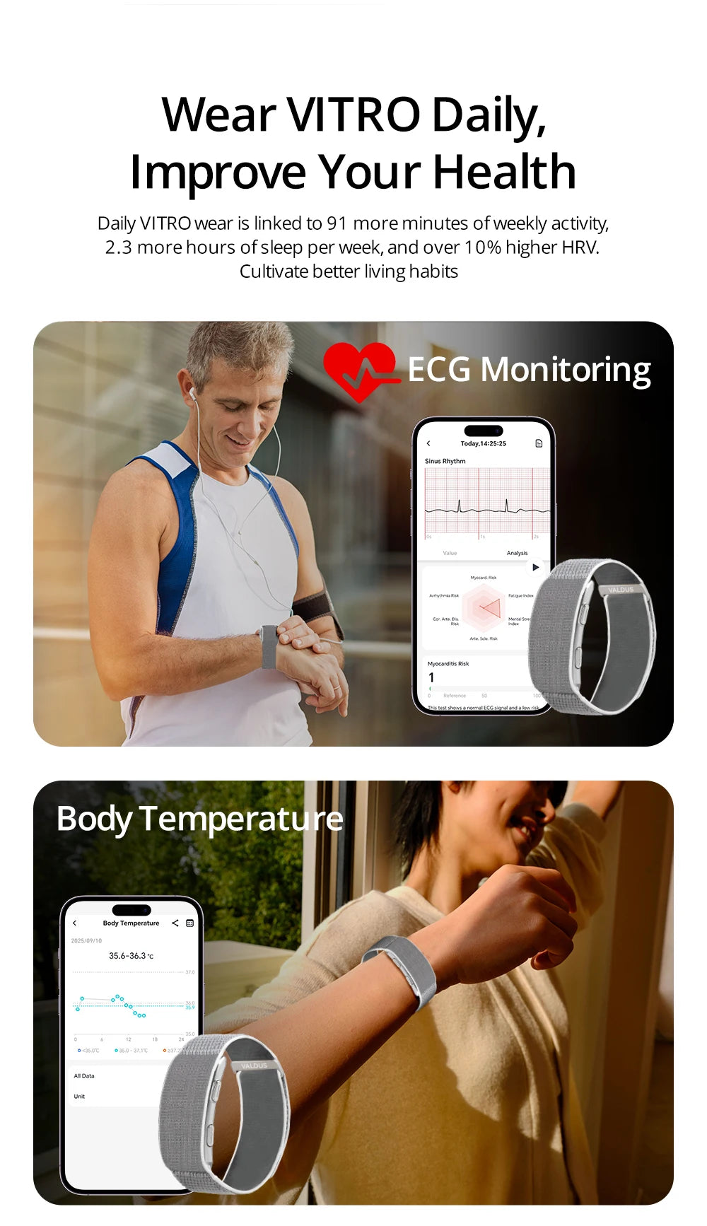 VALDUS Long Batterylife VITRO 2025 ODM/OEM Screenless ECG Health Designed for Every Activity Smart Fitness Tracker Band Bracelet