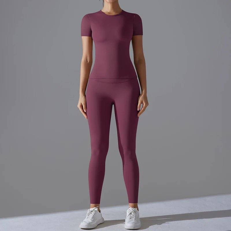 YIYI Women's Workout 2 Piece Sets Lounge Outfits Slim Short Sleeve Crop Tops High Waist Butt Lift Leggings Sets Yoga Sweatsuit