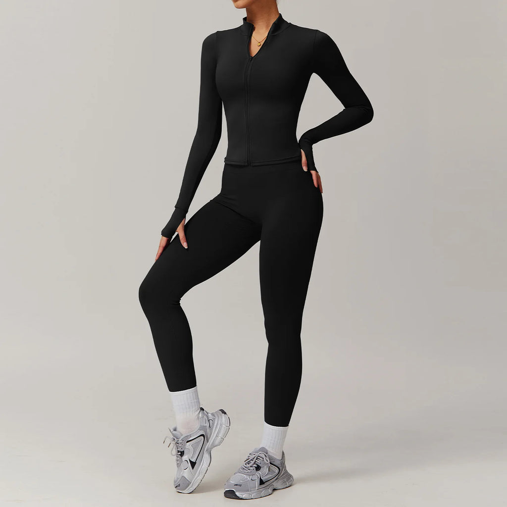 Custom Logo Hot Sale Gym Full Zip up Thumb Hole Jacket Butt Scrunch Yoga Gym Outfits 2 Piece Set Slim Fit Tracksuit