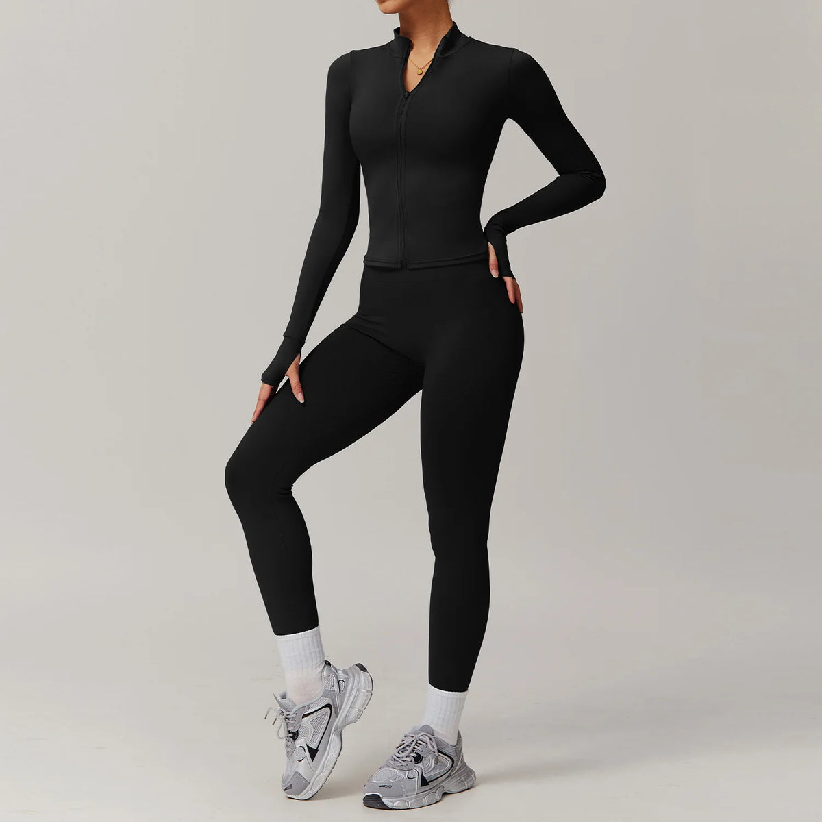 Custom Logo Hot Sale Gym Full Zip up Thumb Hole Jacket Butt Scrunch Yoga Gym Outfits 2 Piece Set Slim Fit Tracksuit