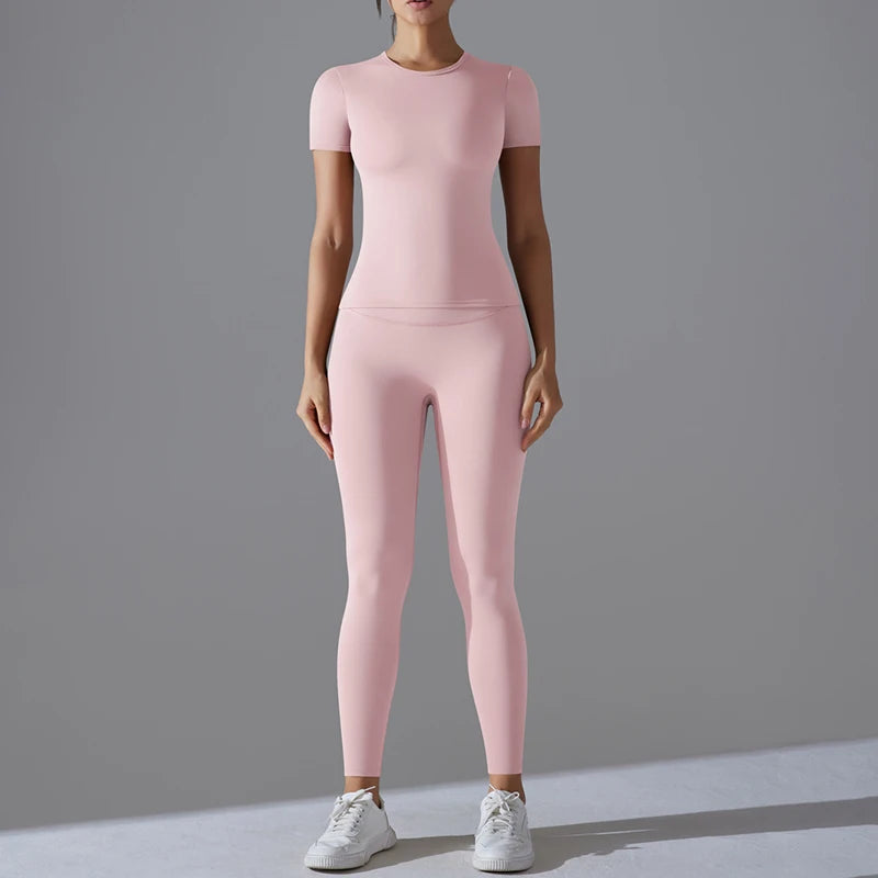 YIYI Women's Workout 2 Piece Sets Lounge Outfits Slim Short Sleeve Crop Tops High Waist Butt Lift Leggings Sets Yoga Sweatsuit