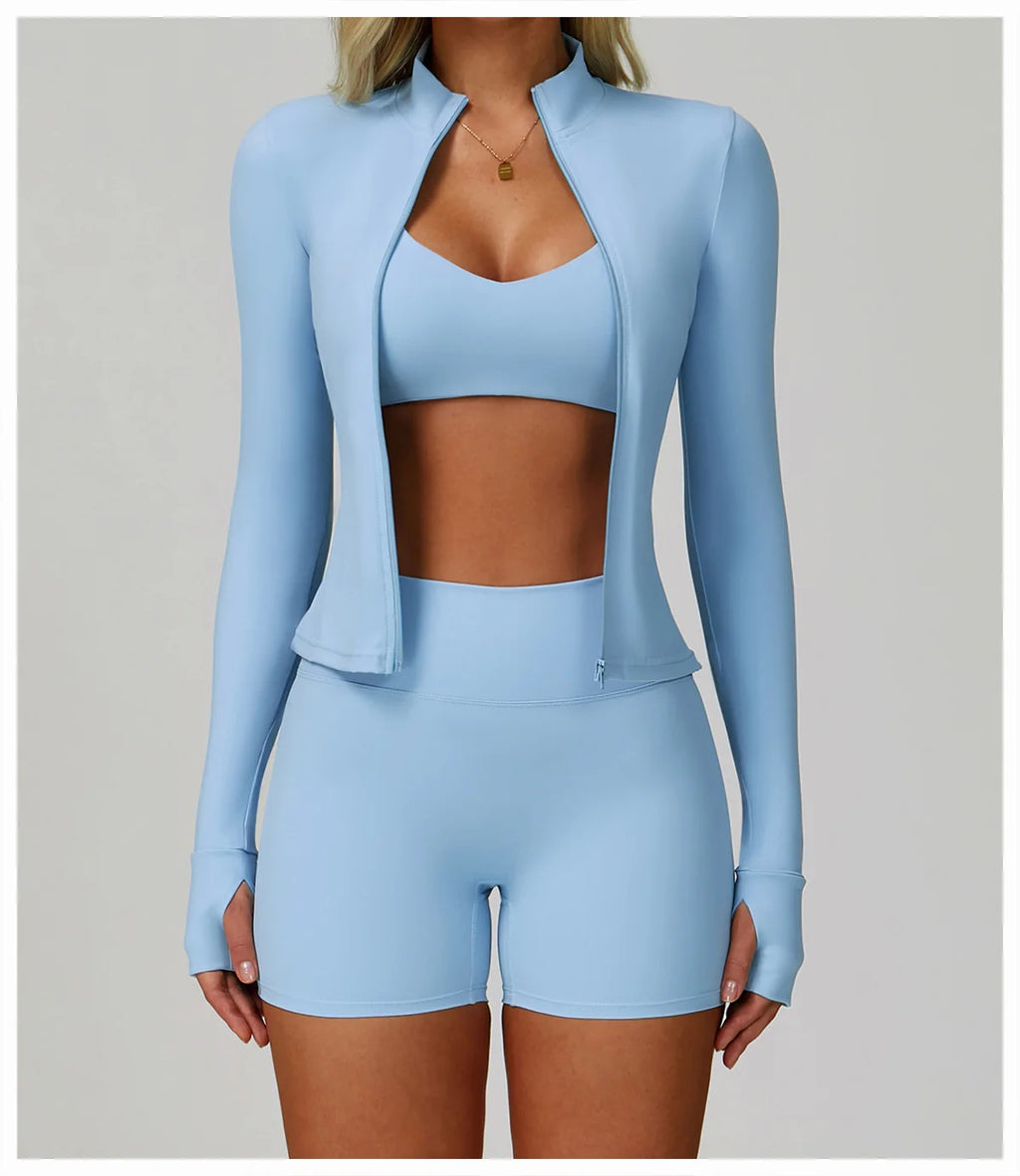 Joyyoung 2025 Women's Fitness Jacket Gym Yoga Sky Blue Quick Dry Breathable Zippers Athletic Solid Front Logo Sportswear