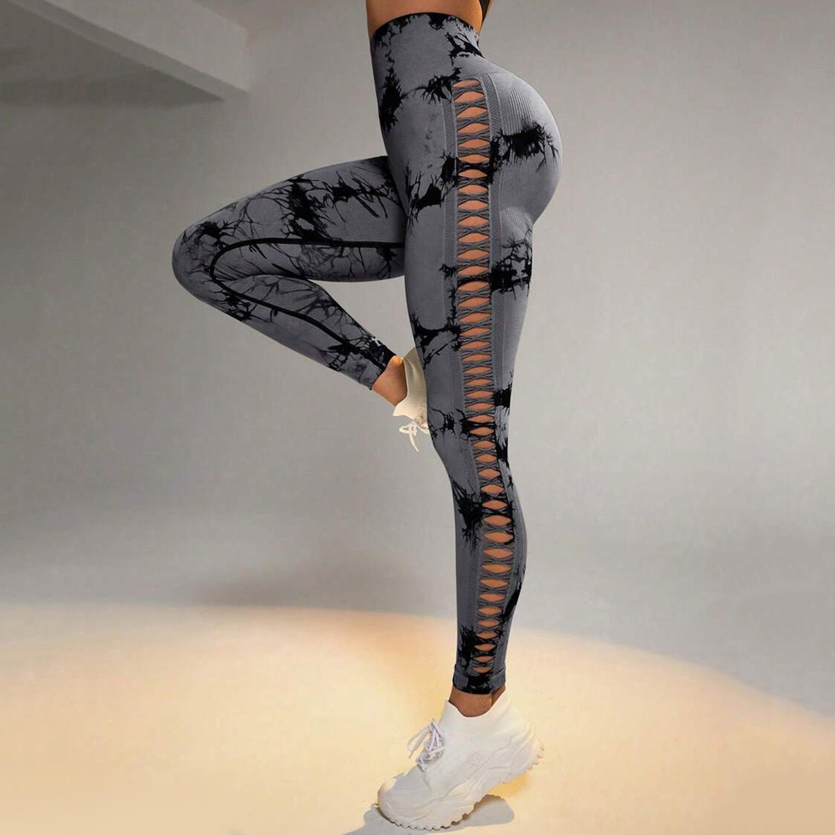 New Sports Tie-Dye Side Hollow Yoga Trousers Fashion High Waist Hip-lifting Sports Pants Seamless Stretch Leggings