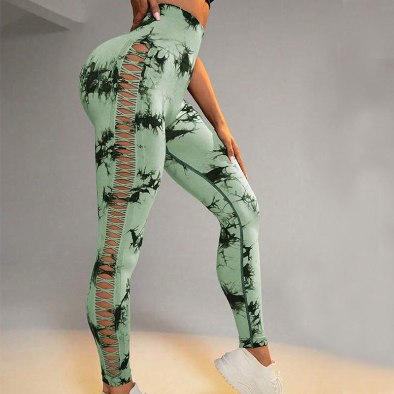 New Sports Tie-Dye Side Hollow Yoga Trousers Fashion High Waist Hip-lifting Sports Pants Seamless Stretch Leggings