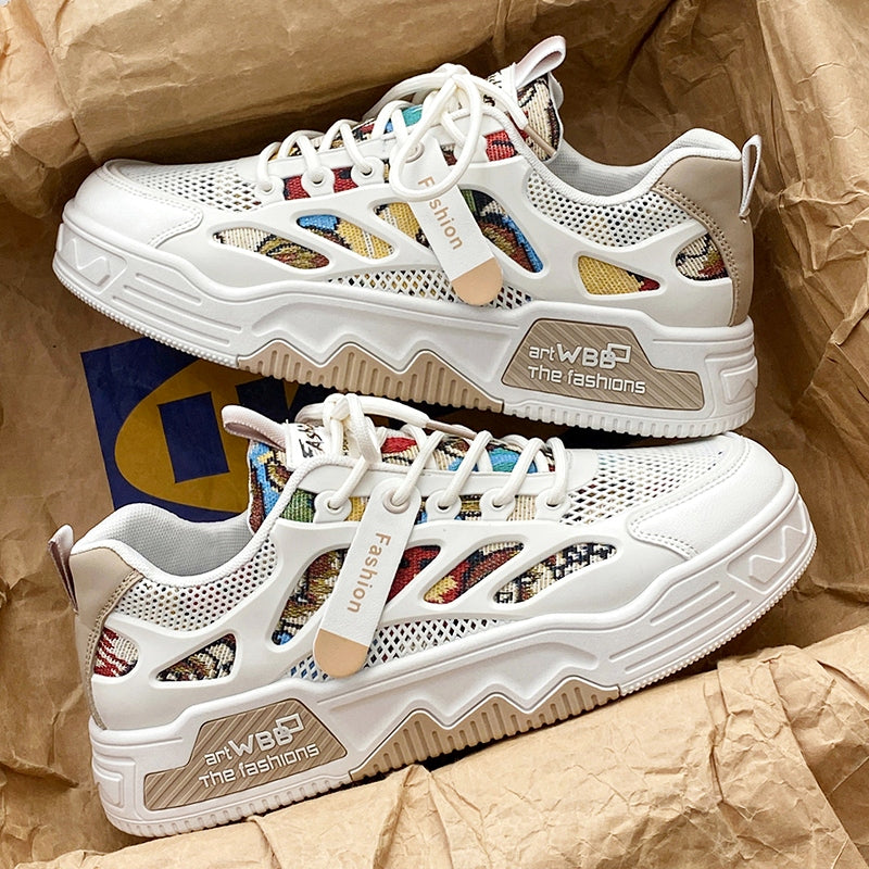 Men's Summer Mesh Breathable Versatile Casual Niche Canvas Sneakers Student Sports Height-Increasing White Trendy Shoes
