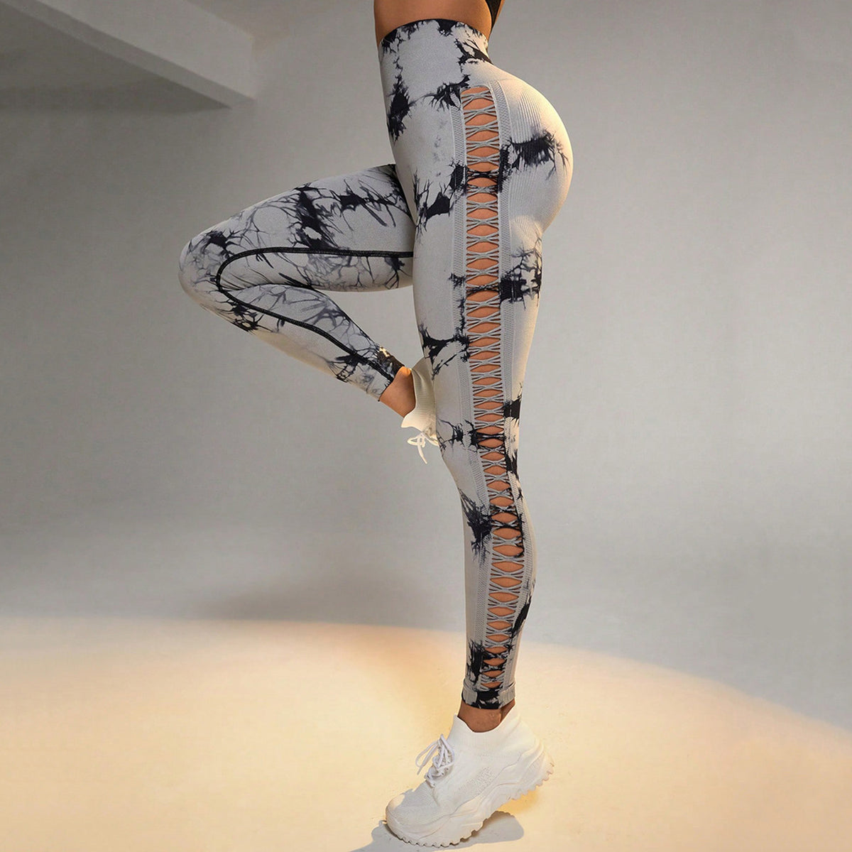 New Sports Tie-Dye Side Hollow Yoga Trousers Fashion High Waist Hip-lifting Sports Pants Seamless Stretch Leggings