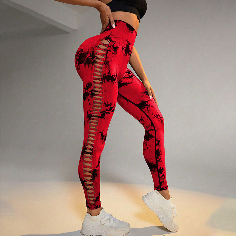 New Sports Tie-Dye Side Hollow Yoga Trousers Fashion High Waist Hip-lifting Sports Pants Seamless Stretch Leggings