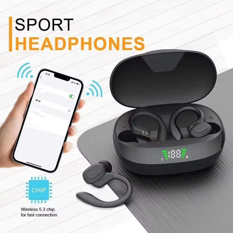 Wireless Earbuds Sport 5.3 Headphones with Noise Cancelling Mic 75H HiFi Stereo Over Ear Bud LED Display USB-C IPX6