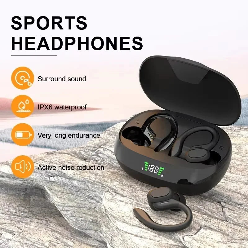 Wireless Earbuds Sport 5.3 Headphones with Noise Cancelling Mic 75H HiFi Stereo Over Ear Bud LED Display USB-C IPX6