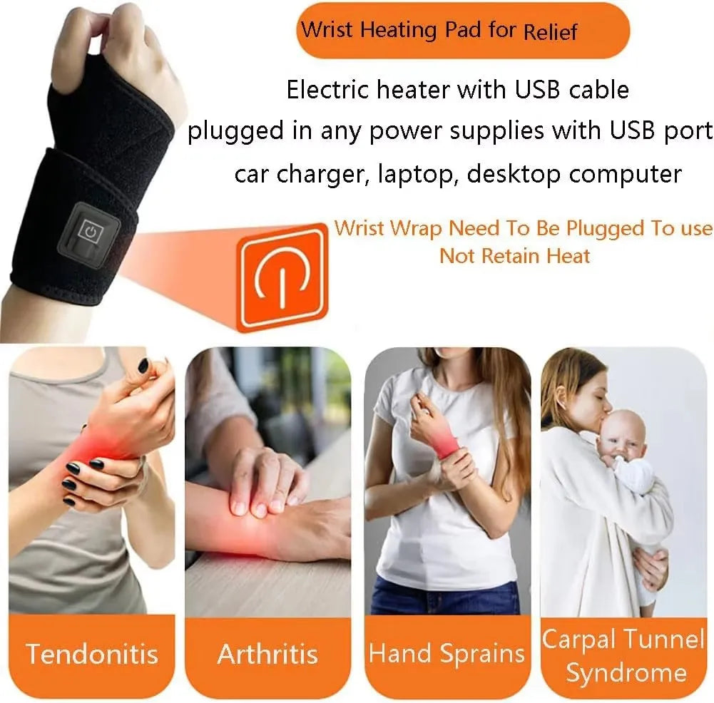 Electrically Heated Wrist Brace with Adjustable and Breathable Black Strap for Sports and Hand Joint Protection Tools