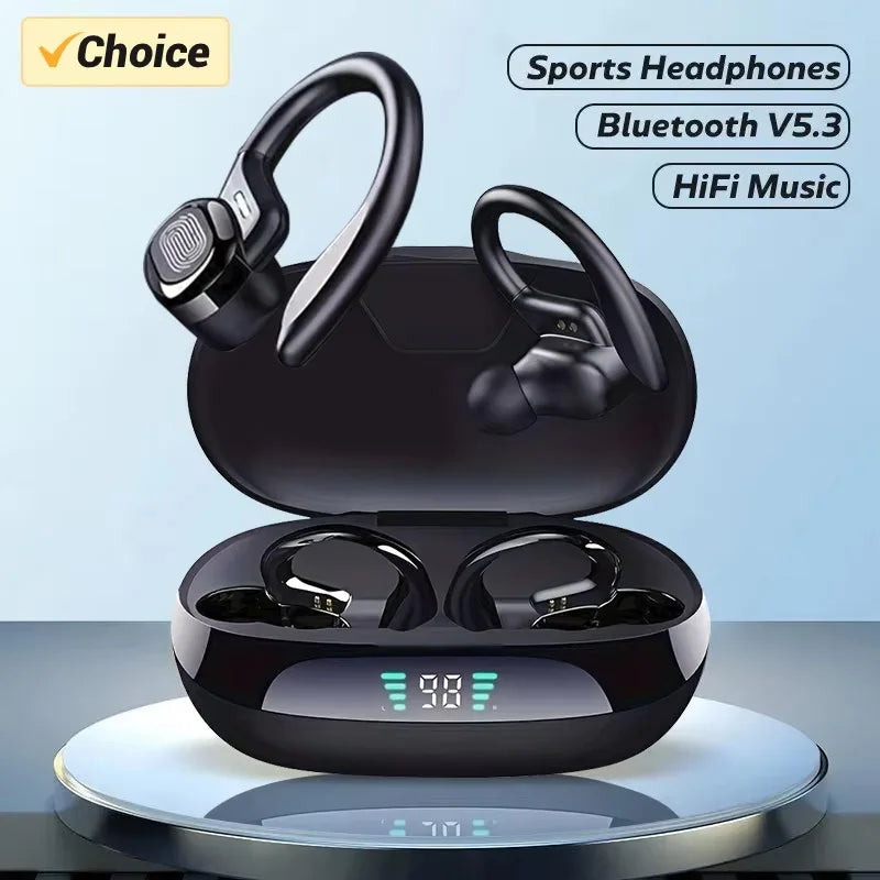 Wireless Earbuds Sport 5.3 Headphones with Noise Cancelling Mic 75H HiFi Stereo Over Ear Bud LED Display USB-C IPX6