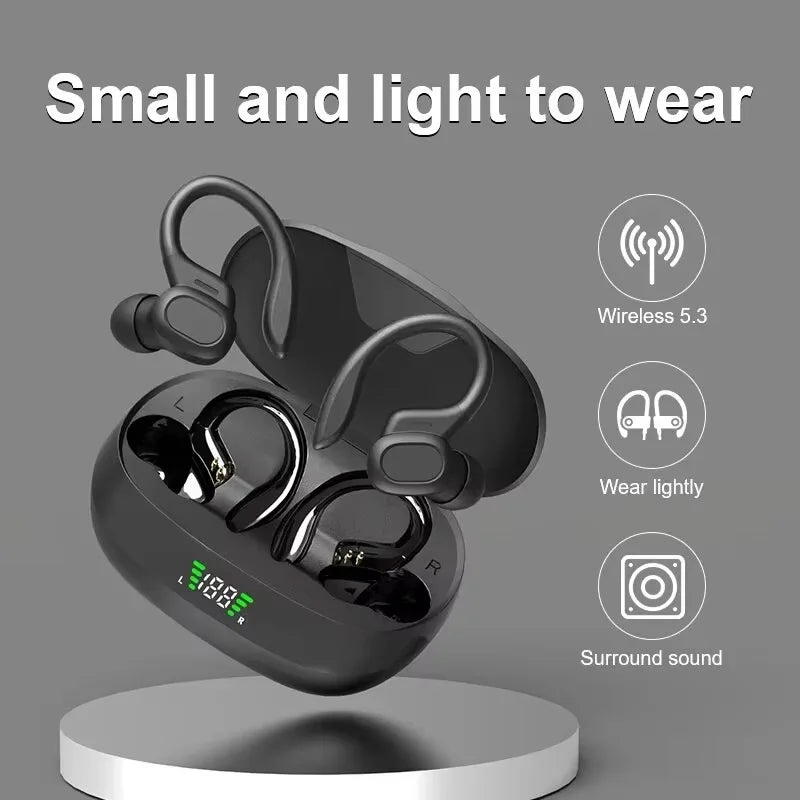 Wireless Earbuds Sport 5.3 Headphones with Noise Cancelling Mic 75H HiFi Stereo Over Ear Bud LED Display USB-C IPX6