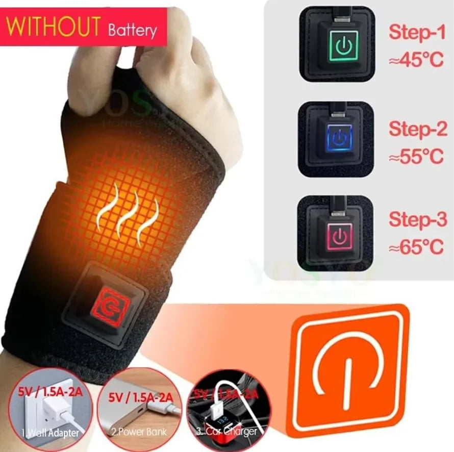 Electrically Heated Wrist Brace with Adjustable and Breathable Black Strap for Sports and Hand Joint Protection Tools